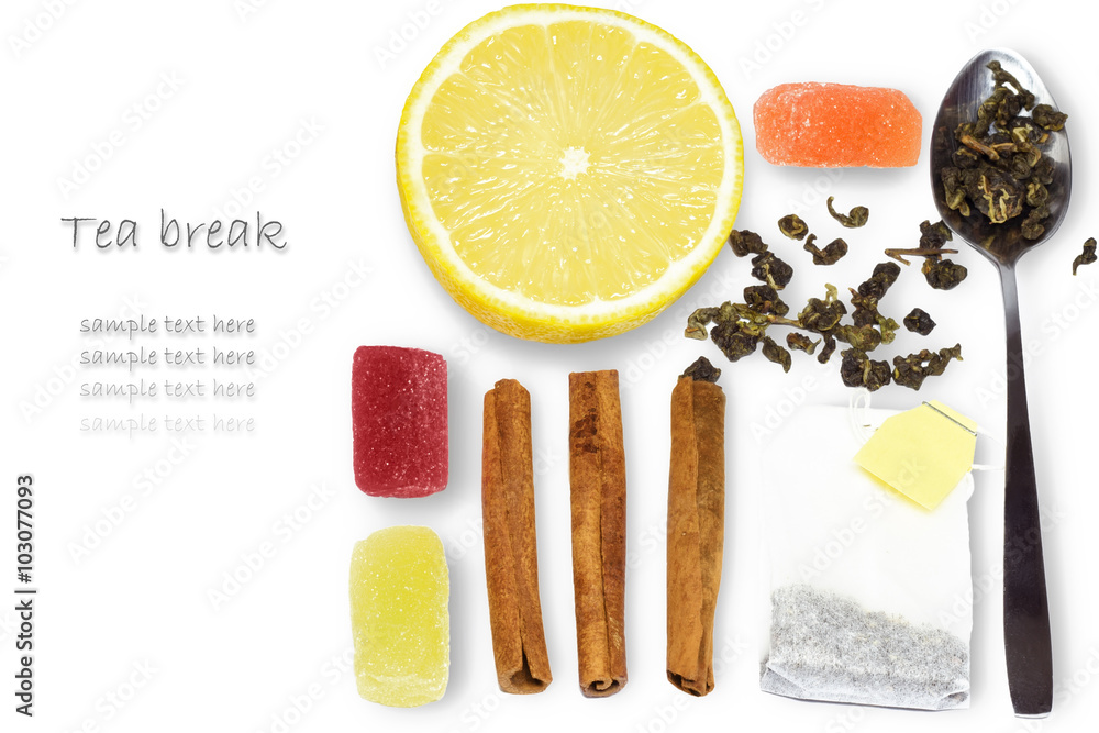 Set of tea break : lemon, tea bag, spoon, cinnamon on white background. Space for text.