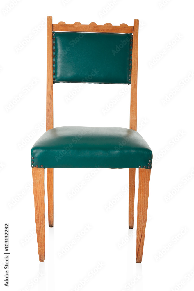 Green leather and wooden old chair on white, clipping path