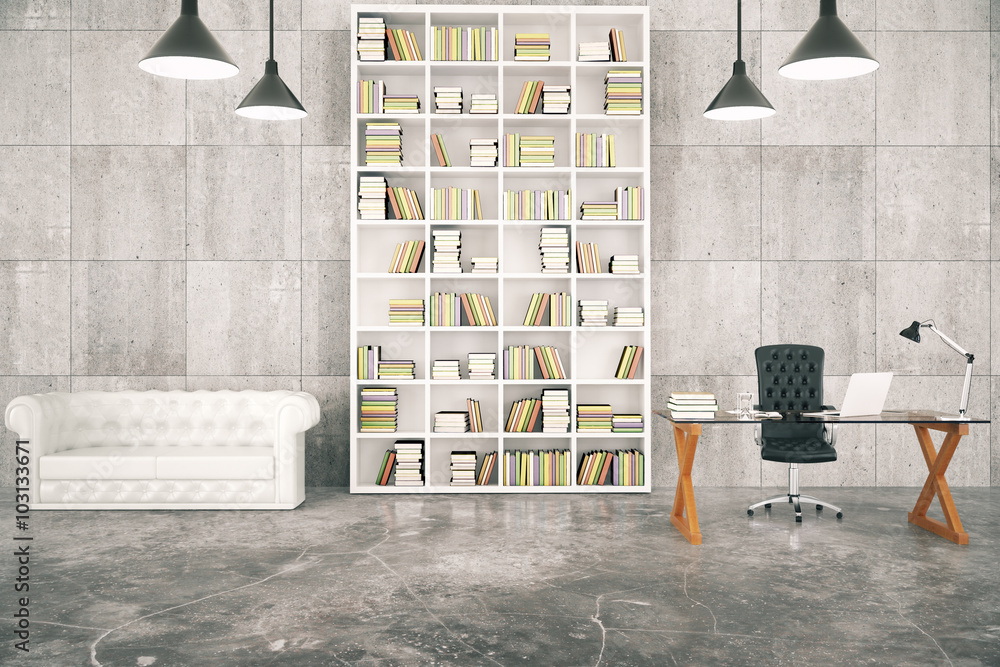 Loft interior with a library and a work desk and a white leather