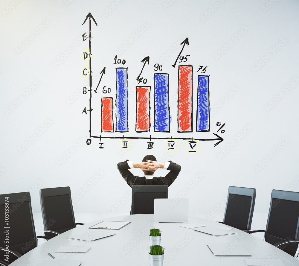 Businessman looking at a growing graph on the wall