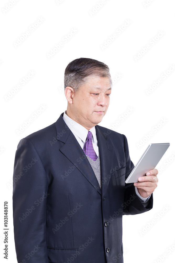 pose and gesture of old Asian businessman in black suit