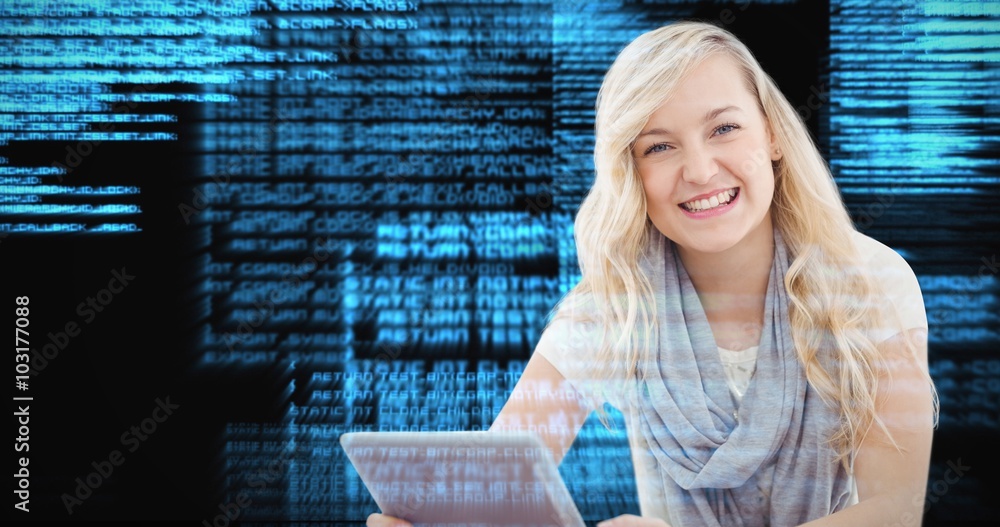 Composite image of portrait of happy woman holding digital tablet