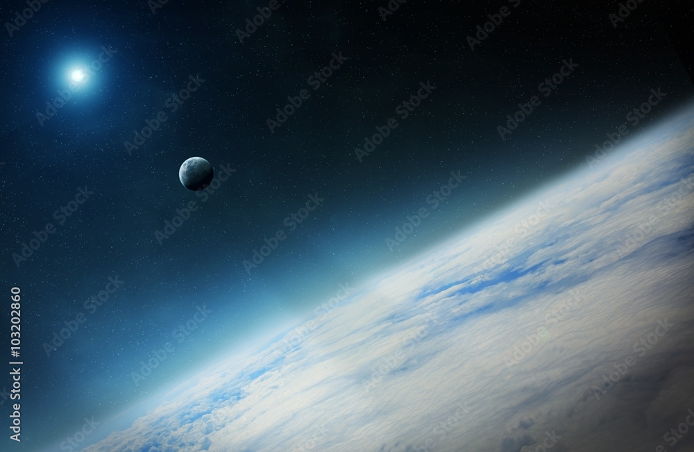 View of the moon close to planet Earth in space