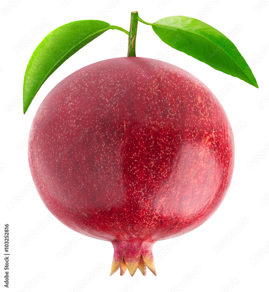 One isolated pomegranate with leaves