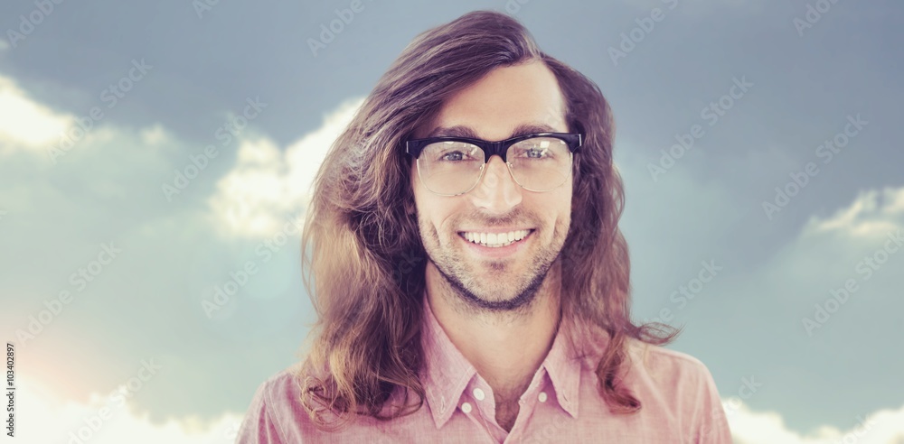 Composite image of happy hipster wearing eye glasses