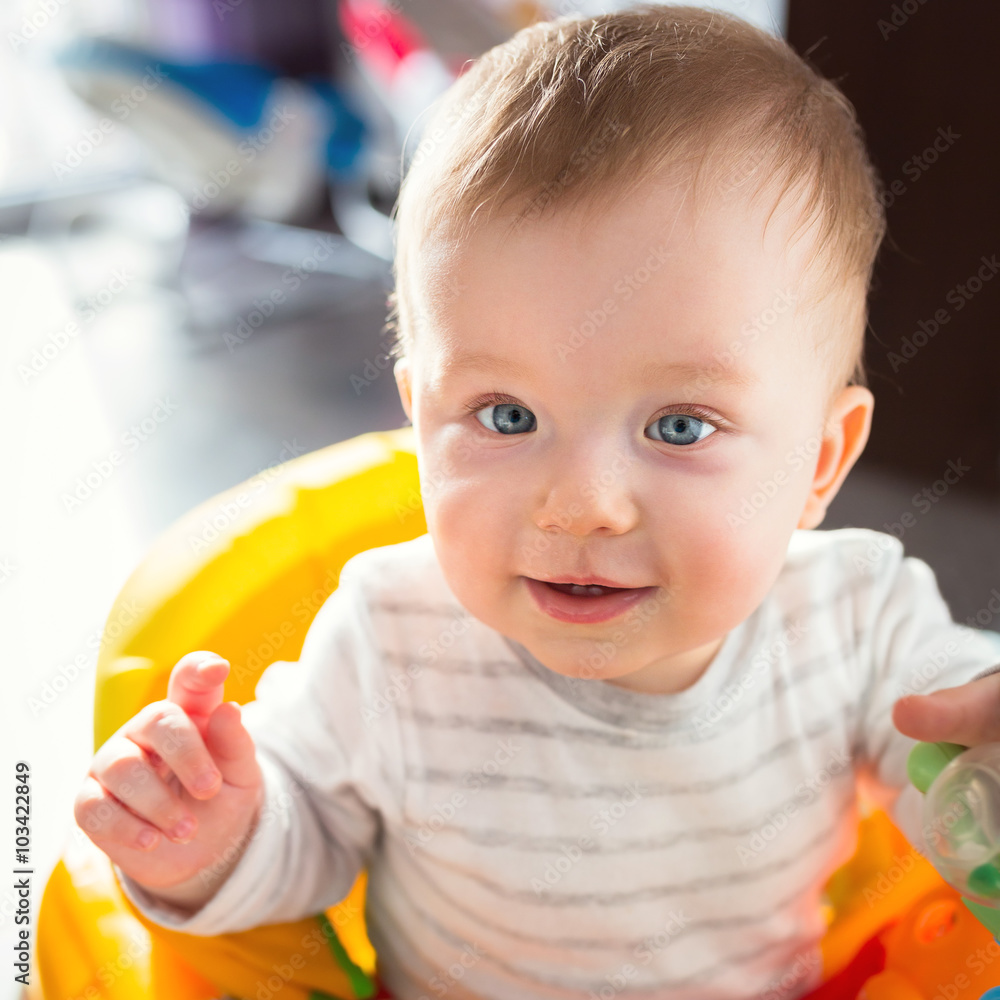 Portrait of the baby boy on the baby walker