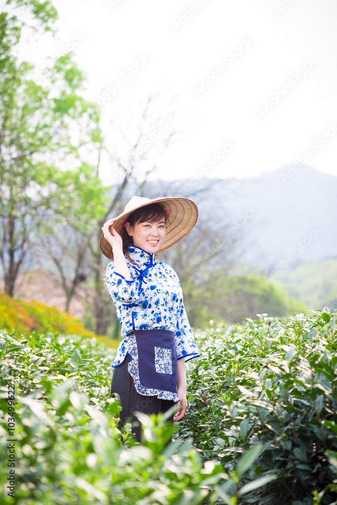 茶园里美丽的亚洲女孩