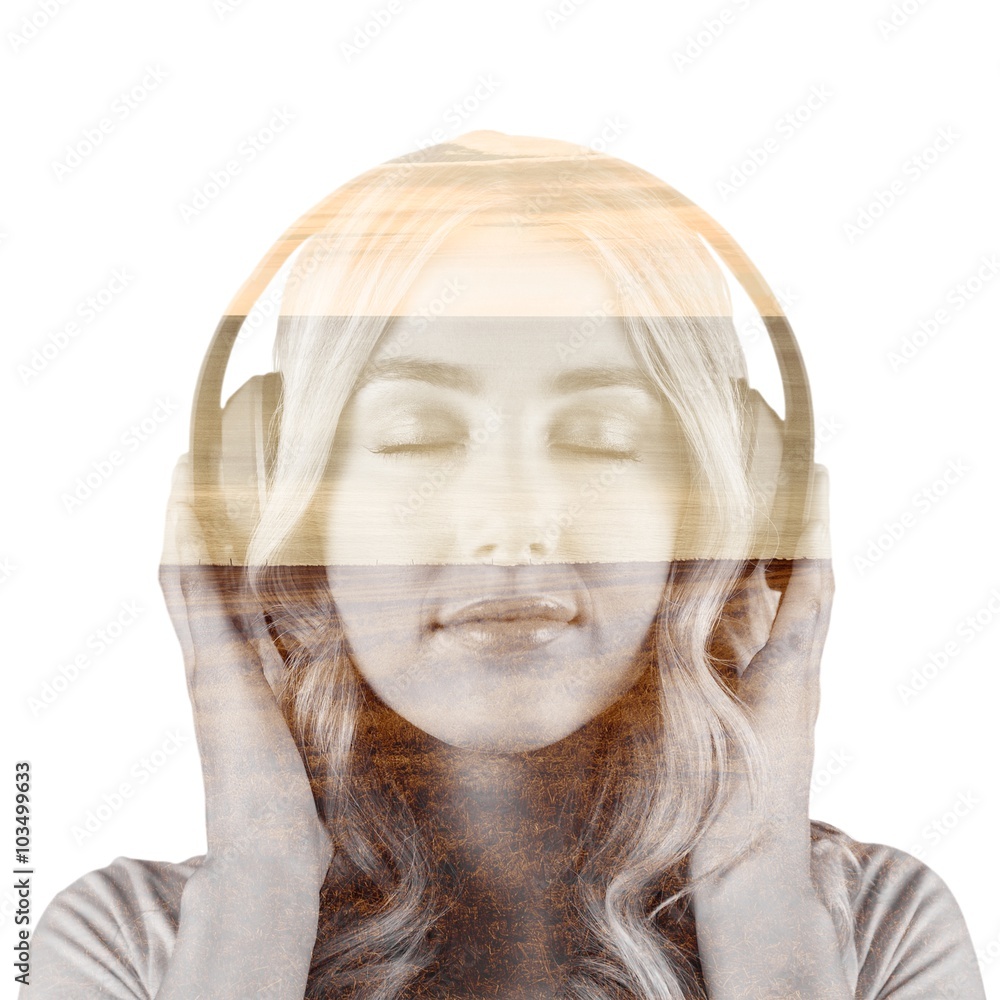 Composite image of close up of a woman listening to music 