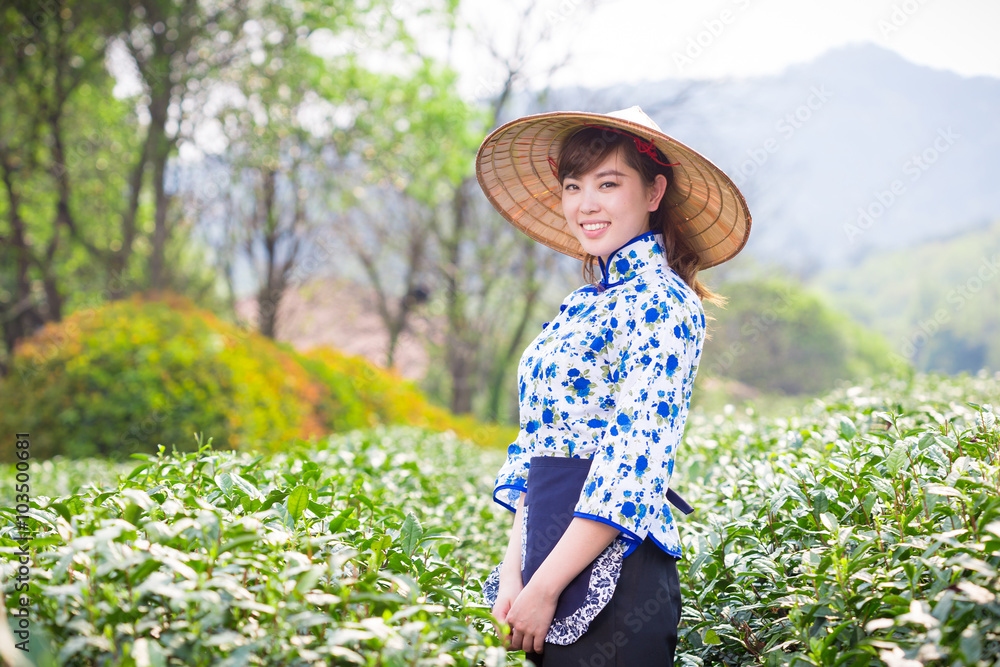 茶园里美丽的亚洲女孩