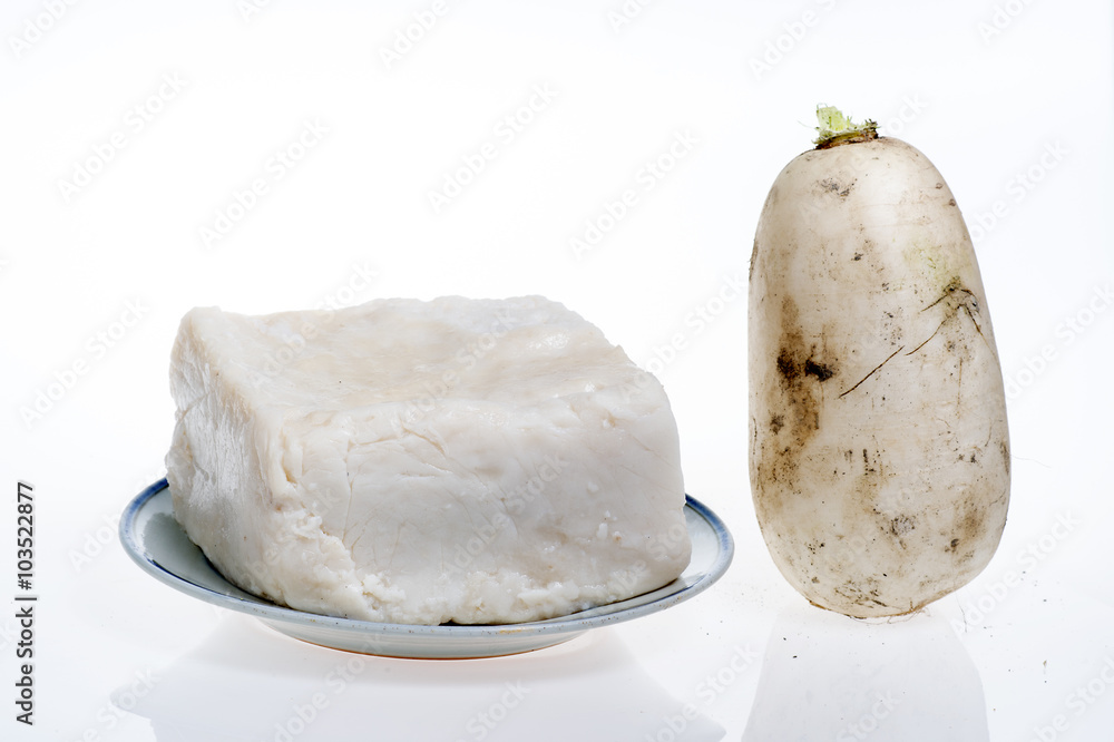 Fried carrot cake (Chai tow kway) and radish isolated on white background