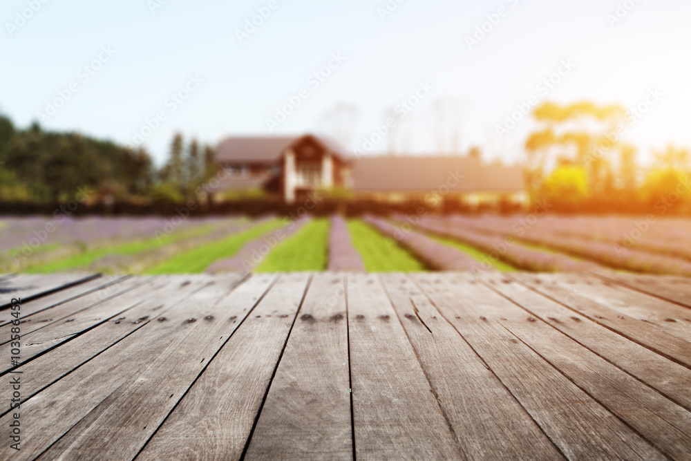 old wood floor with countryside background