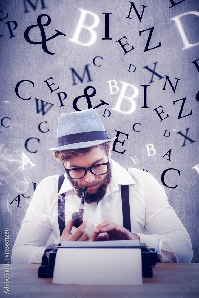 Composite image of hipster smoking pipe while working at desk