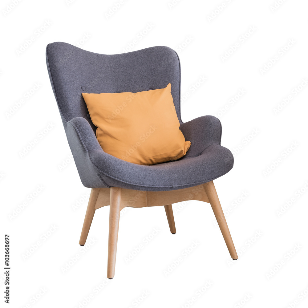 modern wooden chair with orange pillow isolate on white