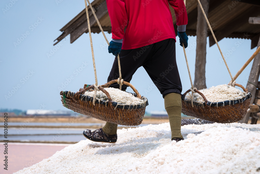 Man carrying raw salt in salt farm