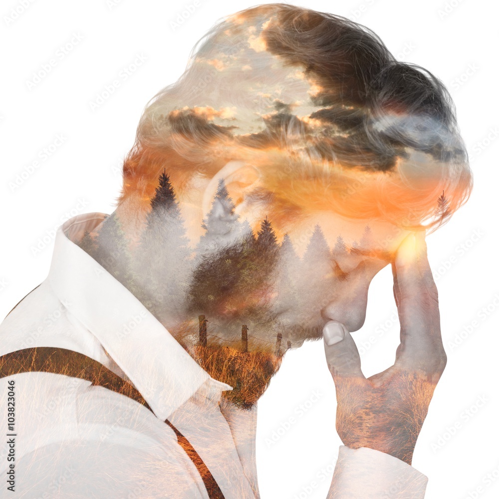 Composite image of frustrated hipster with head in hand