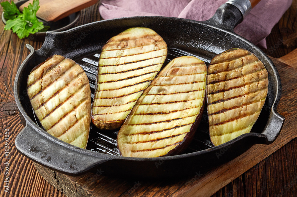 grilled eggplants on cooking pan