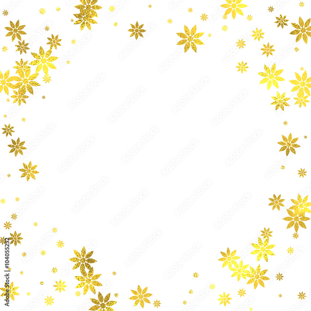 Gold glittering decoration frame with golden foil flowers isolated on white background, vector desig