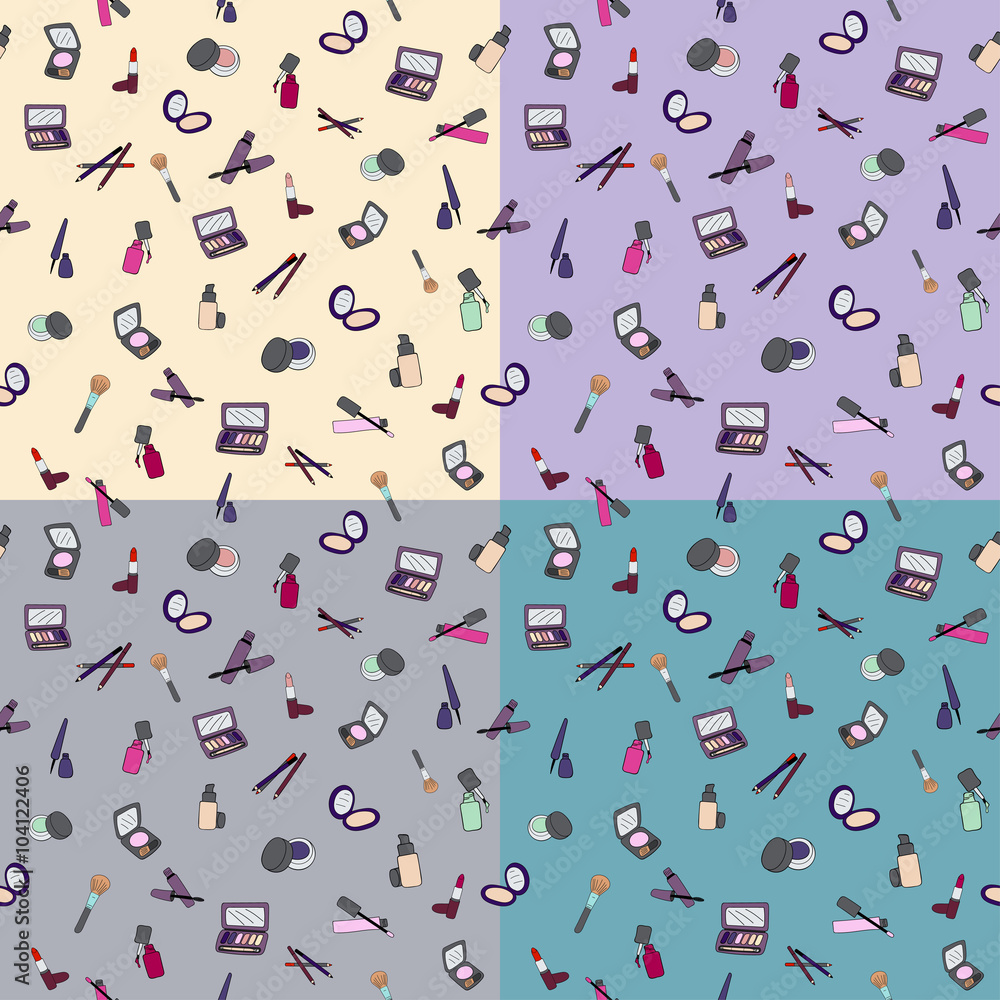 Makeup сosmetic seamless pattern, 4 color variants