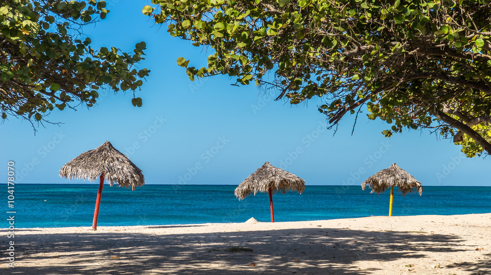 Three Sun Umbrella at the Beach, Kuba, Caribbean