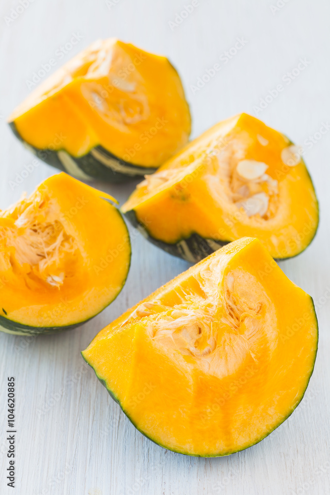 Kabocha, is Japanese pumpkin slice or green pumpkin on white background