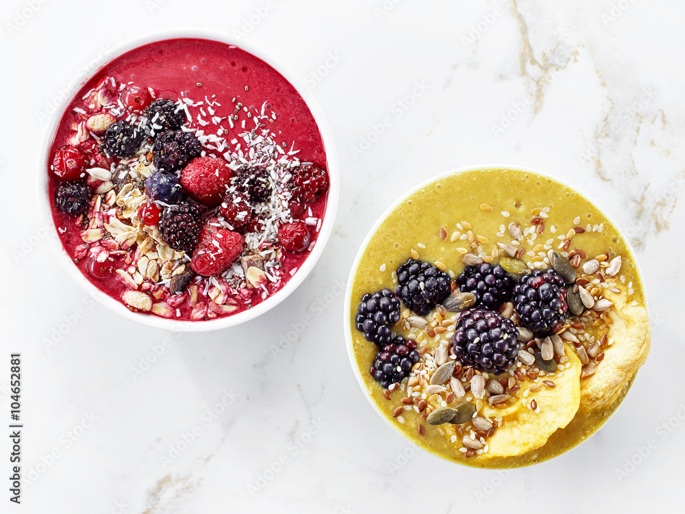 two bowls of breakfast smoothie