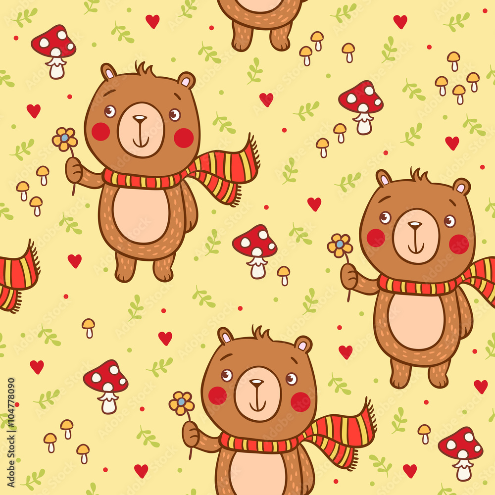 Vector seamless illustration of a bear and flower. Cute baby seamless pattern with bears and mushroo