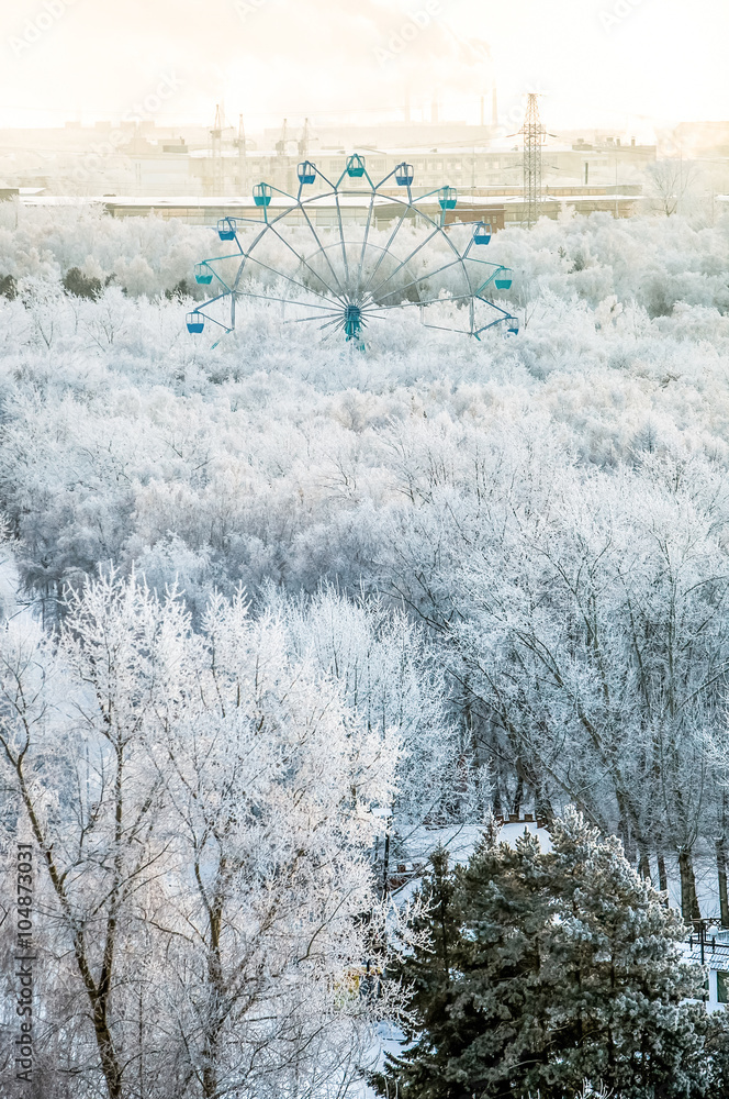 带摩天轮全景的雪树