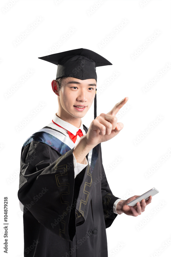 isolated asian young man with education gown