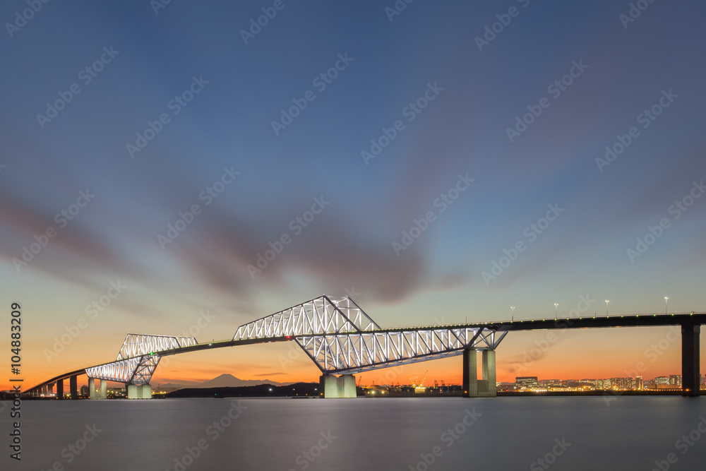 Tokyo gate bridge and Mt.Fuji at beautiful sunset in winter