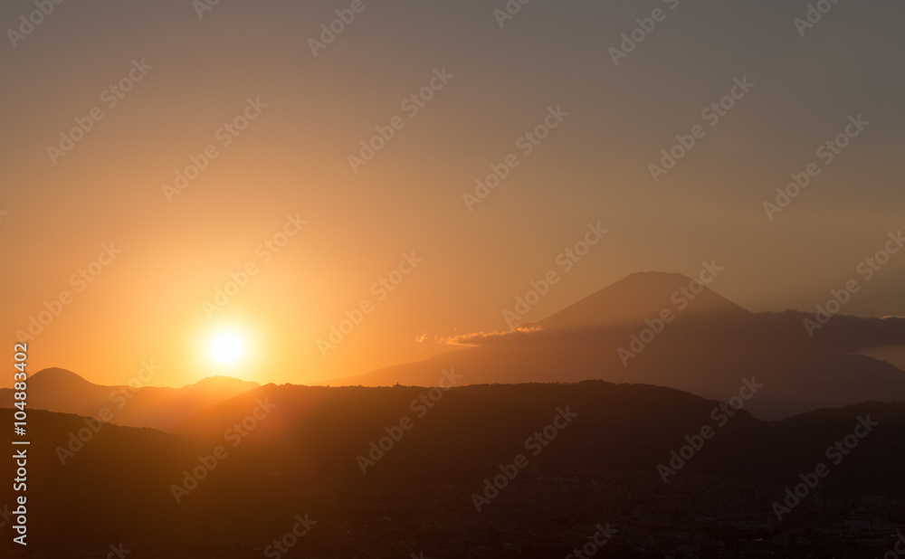 Beautiful sunset view with Mountain Fuji in evening autumn season