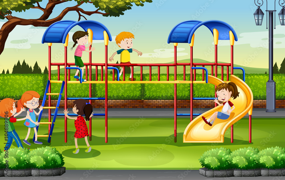 Boys and girls playing at the playground