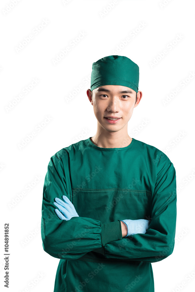 isolated asian young man doctor in green on white background