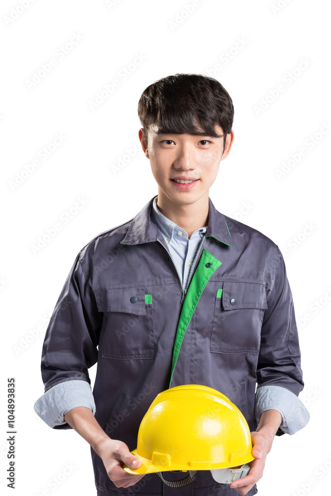 isolated young handsome asian technician on white background