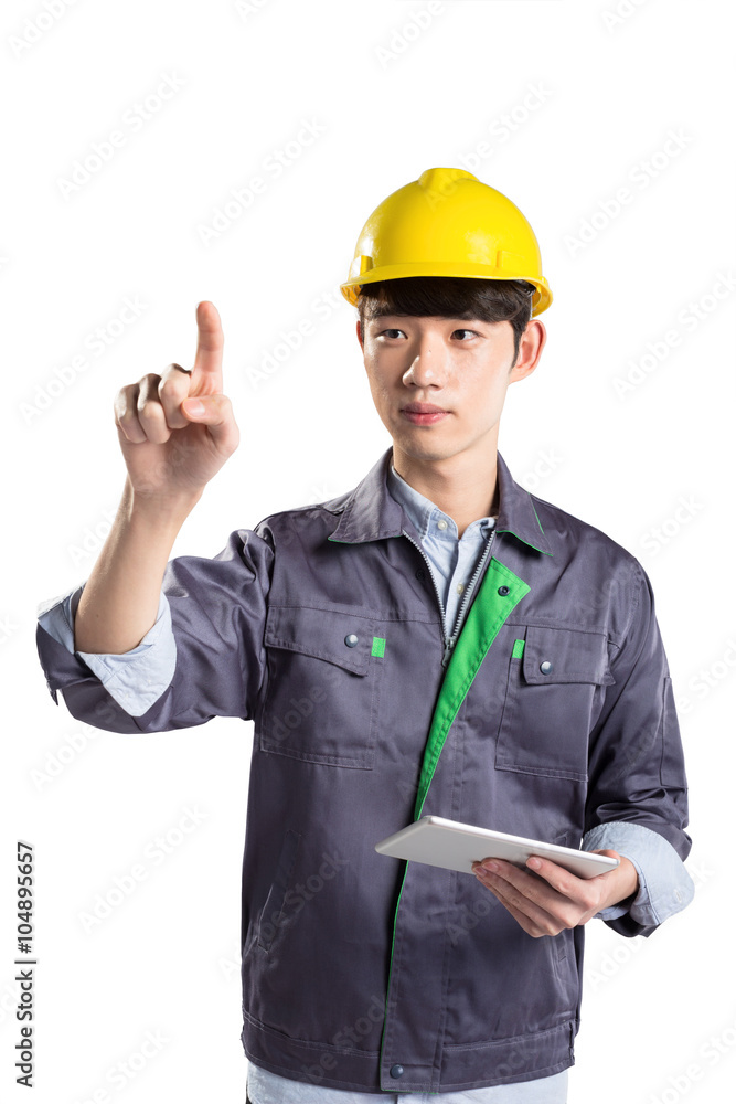 isolated young handsome asian technician on white background