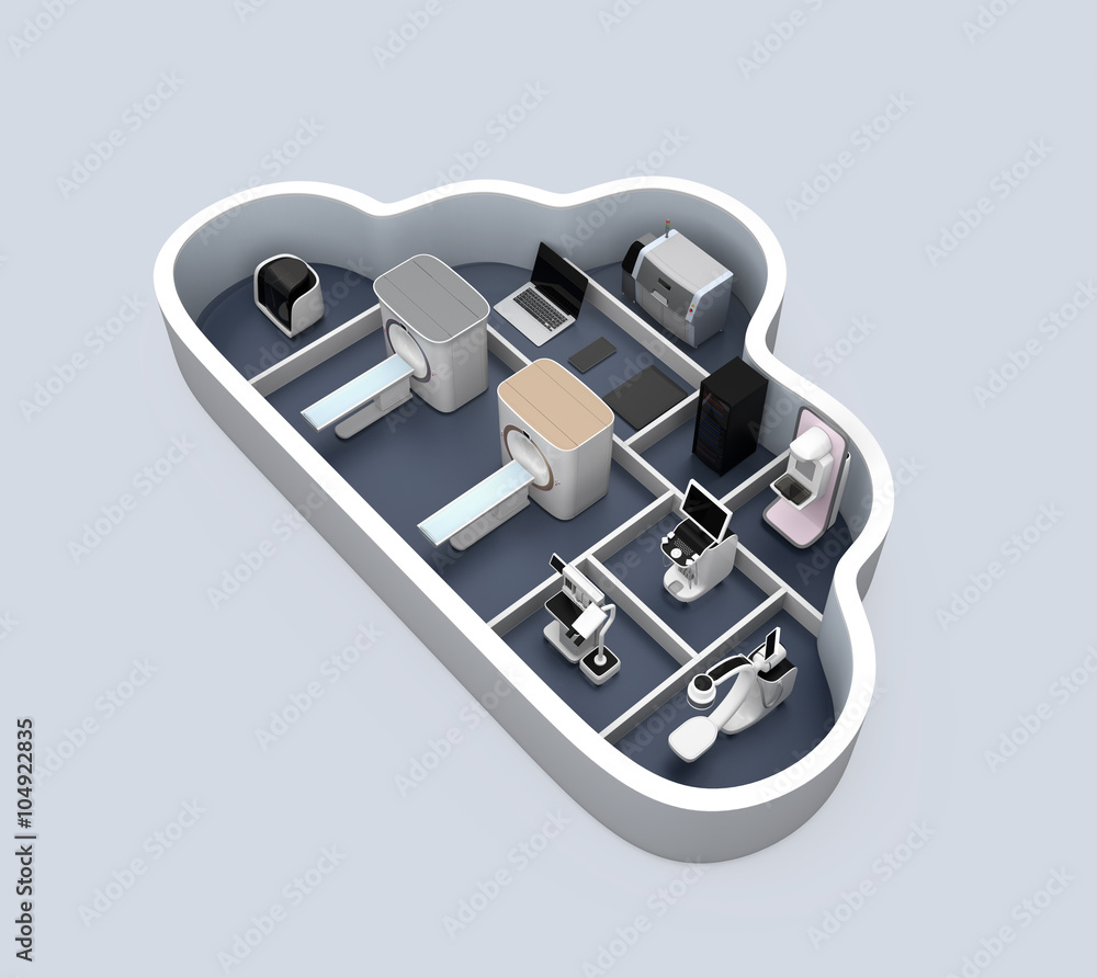 Medical imaging system and PACS server, 3D printer in cloud shape container. Concept for medical clo