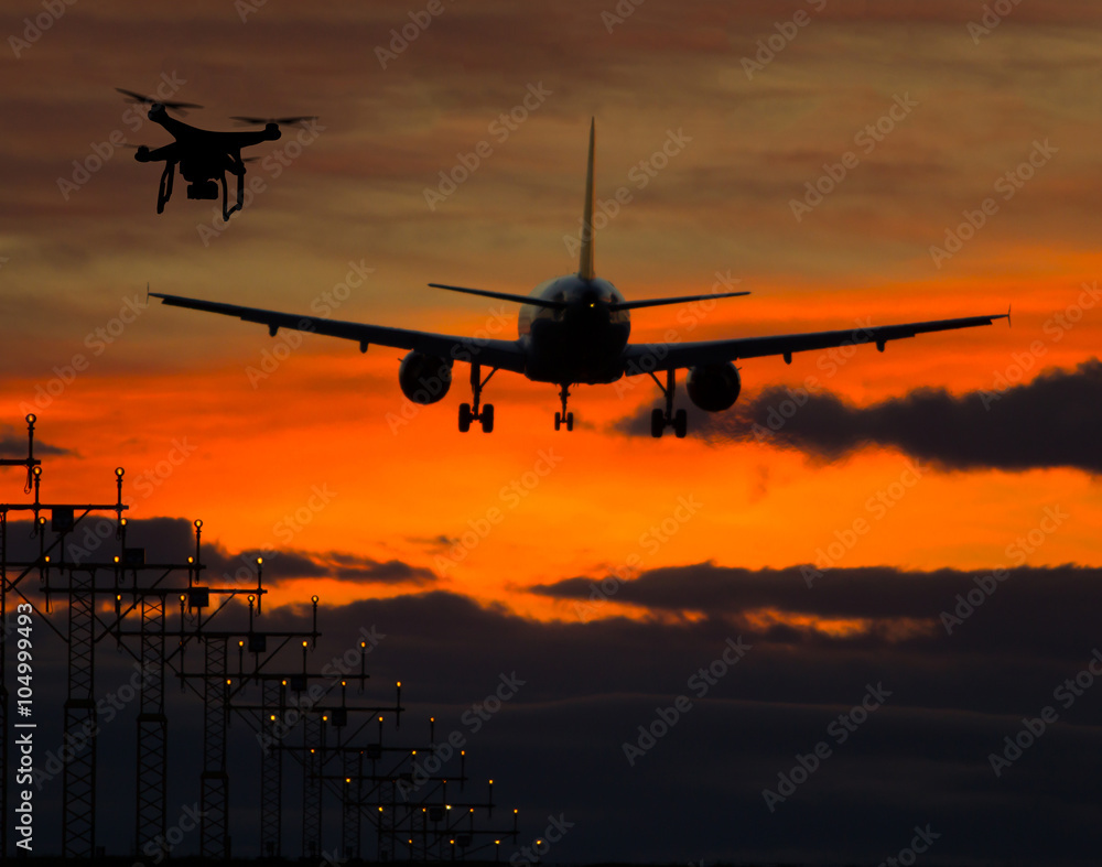 Drone flying near commercial airplane