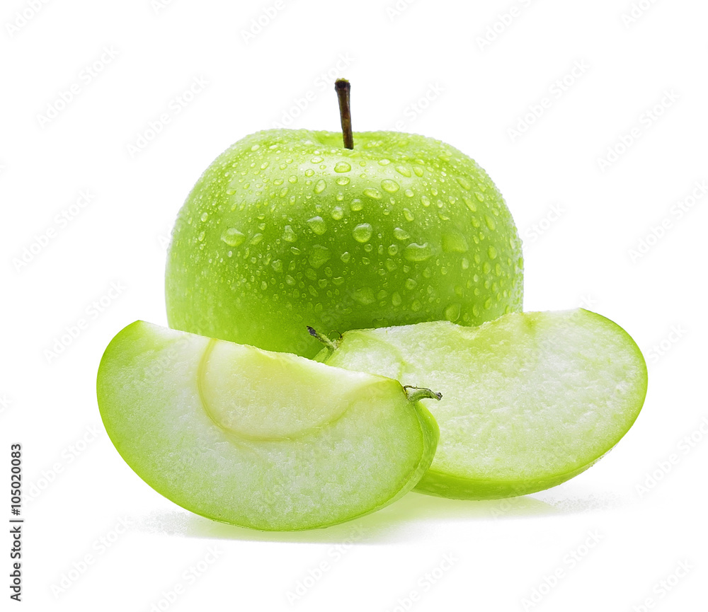 Drop of water green apple on white background