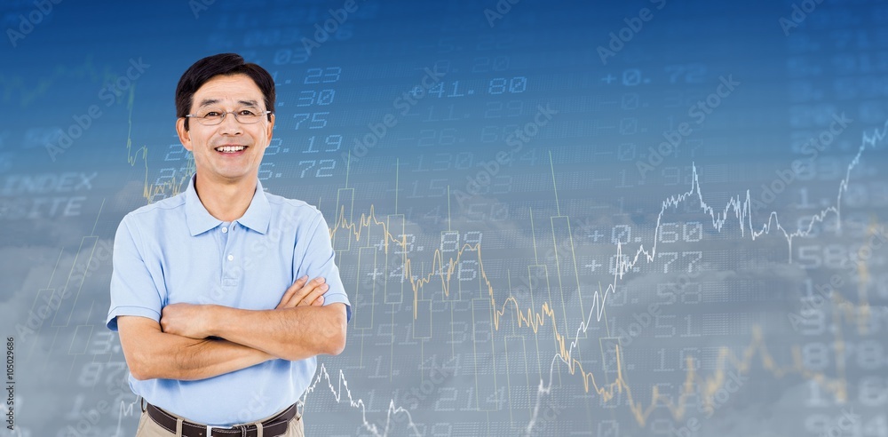 Composite image of portrait of happy man with arms crossed