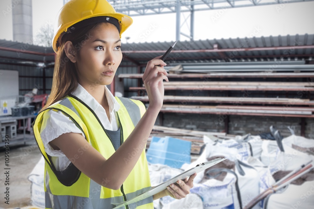 戴着黄色头盔的女建筑师和平面图的合成图像