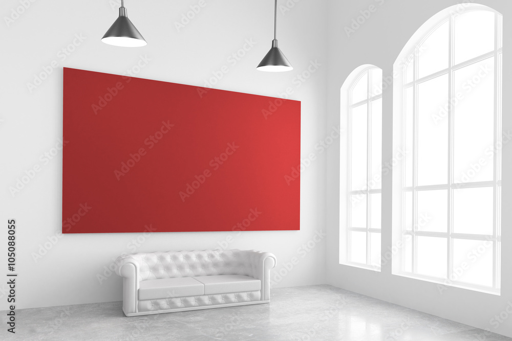 Blank red poster on white wall, sofa, concrete floor and big win