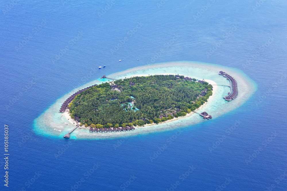 Aerial view on Maldives island, Raa atol