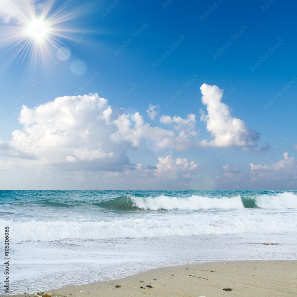 Sea beach blue sky sand sun daylight relaxation landscape viewpoint for design postcard and calendar