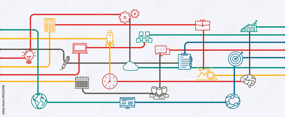 网络连接、创业项目的规划和战略。带图标的信息流