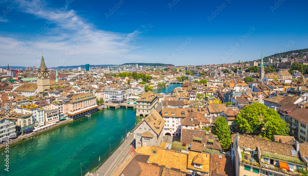 Aerial city panorama of Zürich, Switzerland