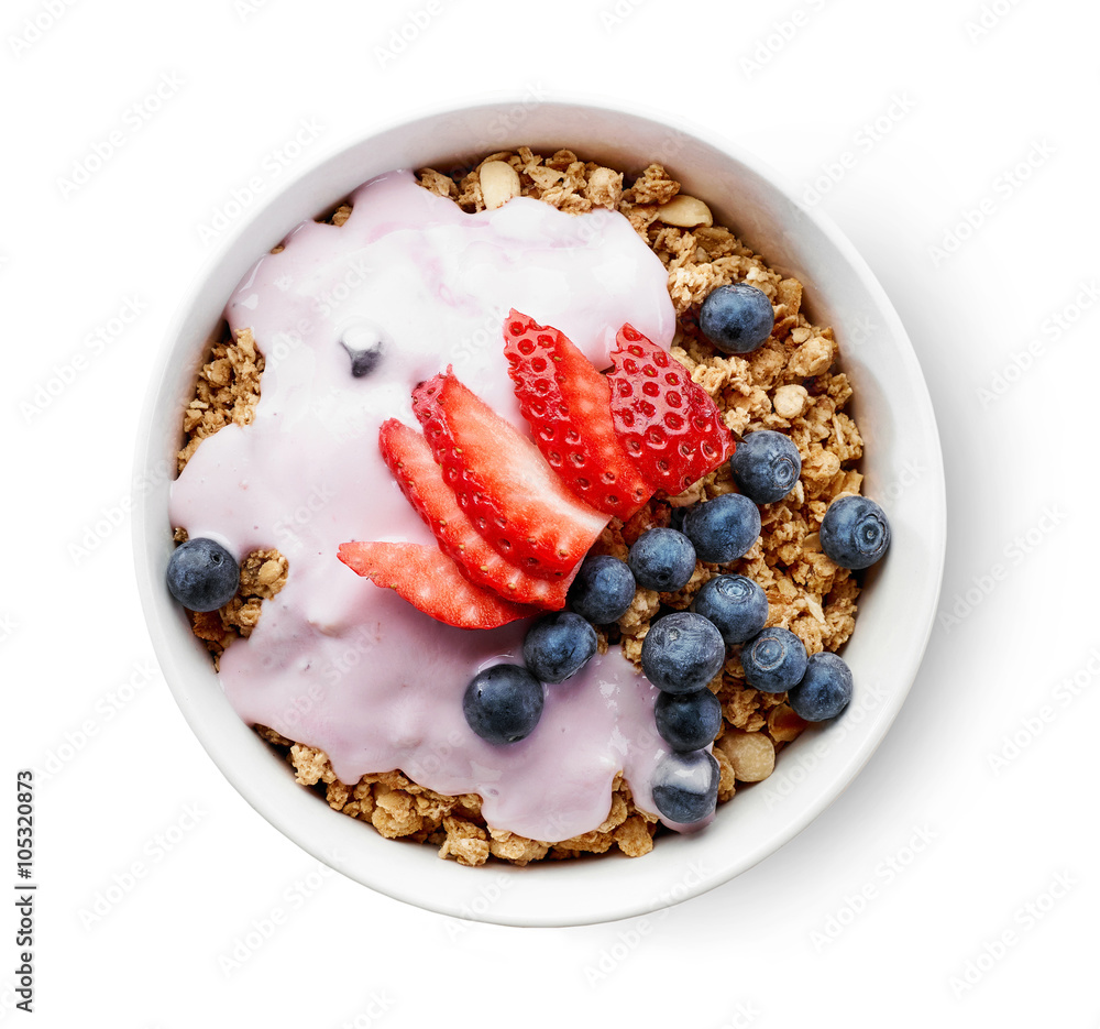 bowl of granola with yogurt and berries