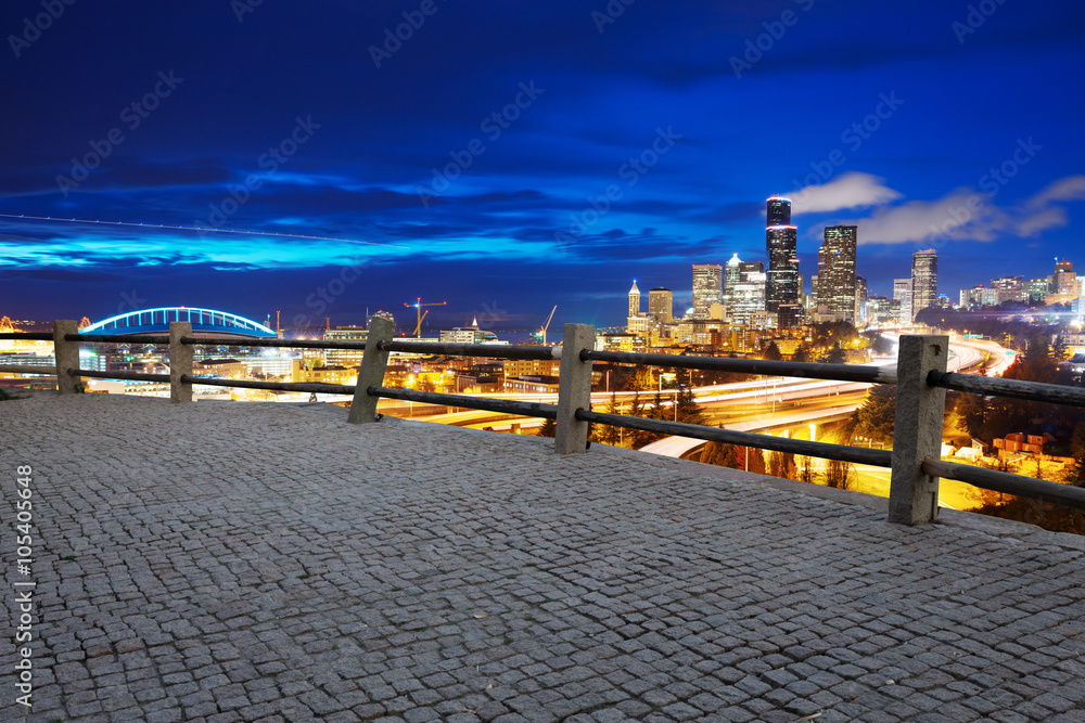 empty marble floor with cityscape and skyline of seattle