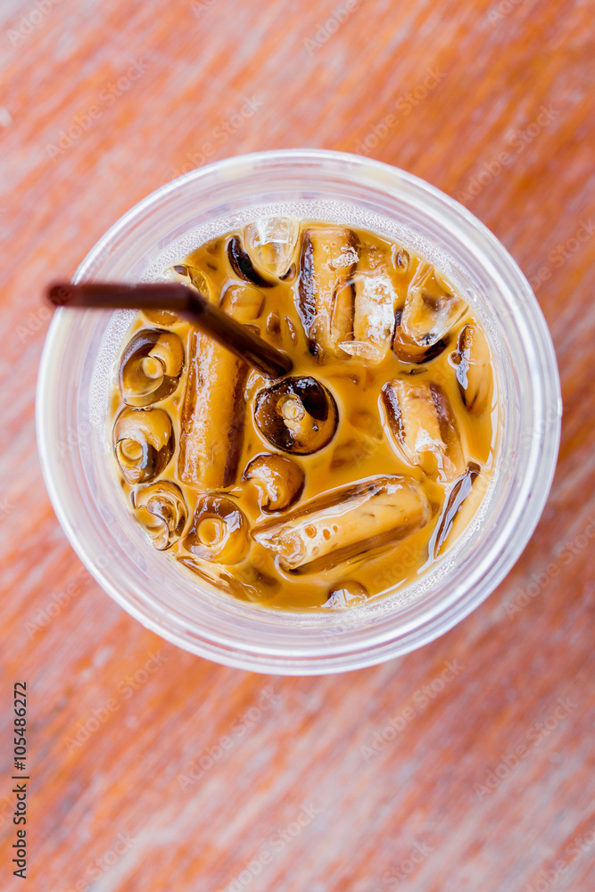 Top view of coffee with ice in a Plastic glass