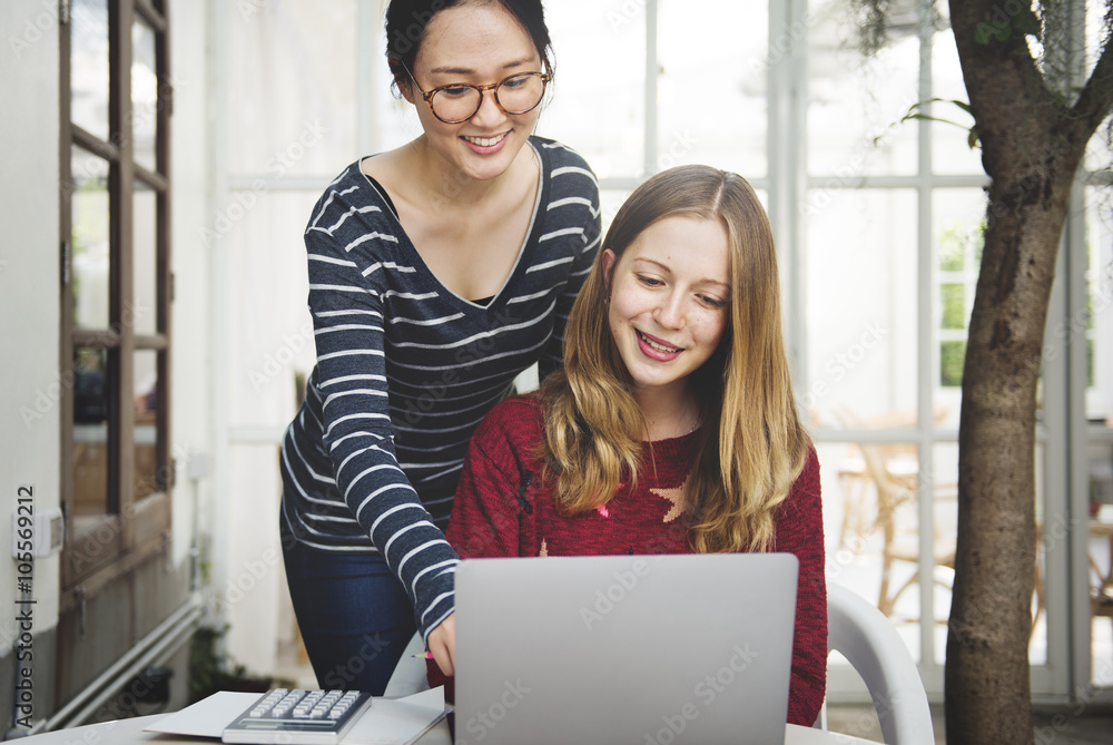 Women Friendship Studying Brainstorming Technology Concept