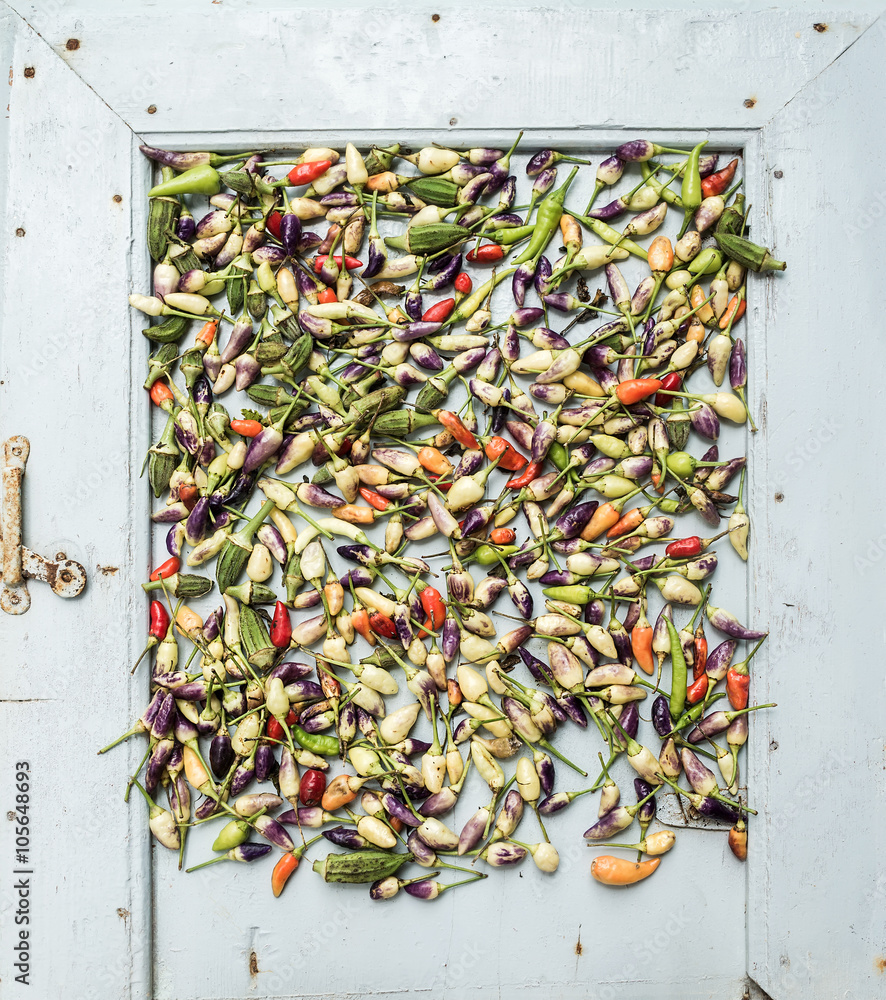 Small hot Turkish chili peppers over light blue wooden background