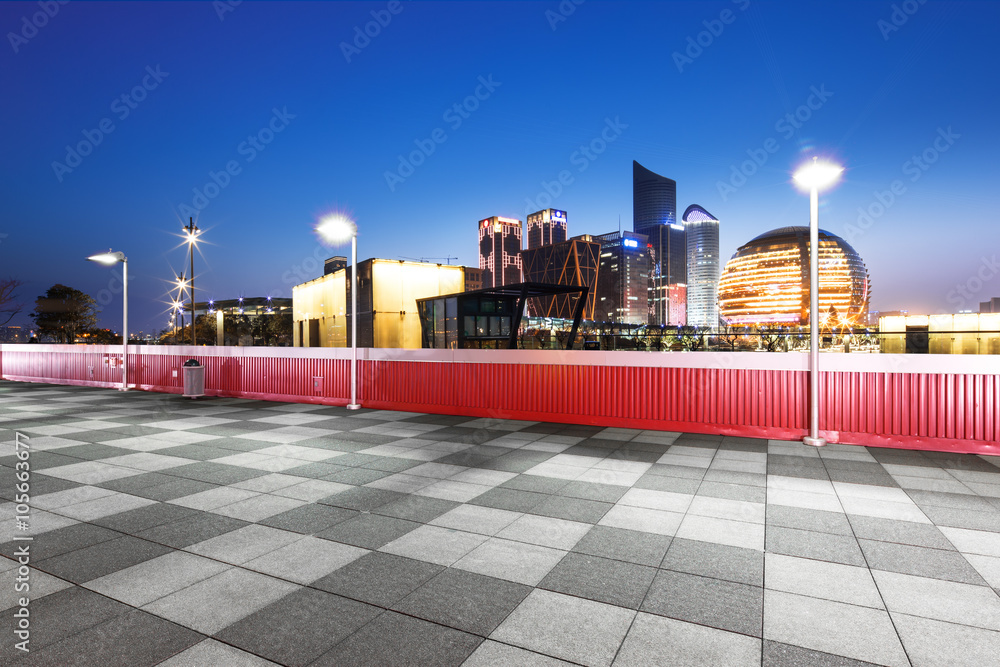 empty marble floor with cityscape and skyline of hangzhou